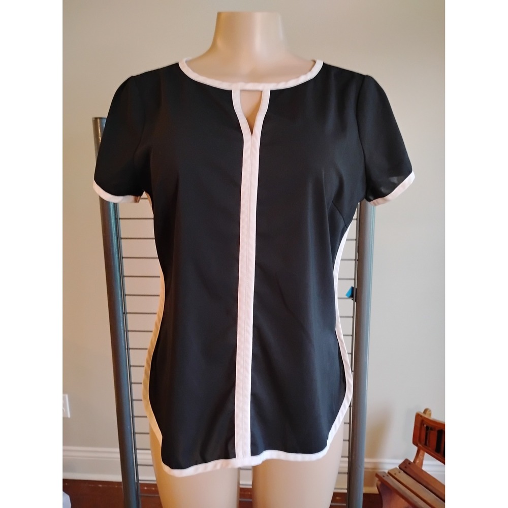 Spense Womens Black White Trim Keyhole Neck Short Sleeve Blouse Size S RN73163